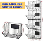 X-cosrack Metal Wire Basket Wall Mount, 4 Tier Extra Large Wall Storage Basket Organizer with Chalkboards, Kitchen Fruits and Vegetables Produce Bin Rack Toys Organizer Bathroom Tower Baskets (Black)
