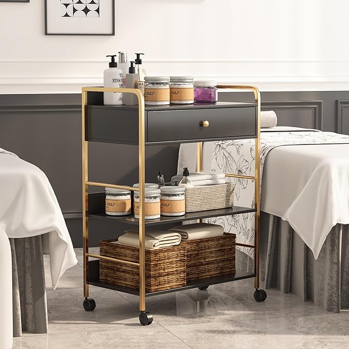Salon Rolling Trolley with Lockable Wheels Barber Cart with Storage Drawer Mobile Hair Station Cabinet for Beauty Makeup Esthetician Spa Massage (Black-one Drawer-Two Shelves)