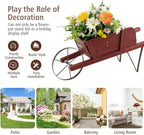 Wooden Wagon Planter, Flower Cart Display Stand w/Metal Wheels & Removable Magnetic Decoration, Wagon Decorative Garden Planter for Plants & Seasonal Displays, Pine Wood (Red)