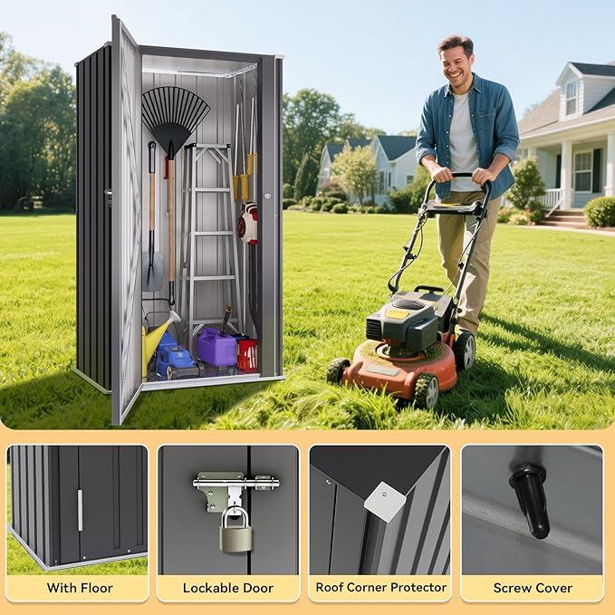 Greesum 55'' Metal Storage Shed, 22 Cuft Storaged Cabinet with Lockable Door, Vertical Tool Organization Cabinets Without Shelves, for Home, Backyard, Patio, Garage, Lawn, Black