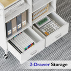 TOOLF 2-Drawer Mobile File Cabinet with Wheels, MDF Wooden Panel Printer Stand with Adjustable Shelves, 2 Storage Bins & 4 Hooks, Home Office Organization, White