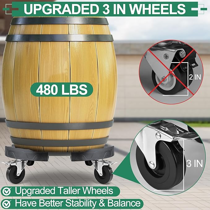 ToLanbbt Trash Can Dollies with 3 in Upgraded Wheels, 15-19 in Adjustable Round Furniture Dollies Heavy Duty 480 LBS Drum Rolling Base, Keg Carts for 20, 32, 44, 55 Gallon Garbage Cans, Gray, 2 PCS