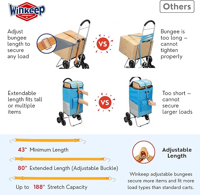 winkeep Shopping Cart, 220 lbs Capacity, Foldable Grocery Trolley with Large Bag, Laundry Utility, Adjustable Bungee Cord (Sky Blue)