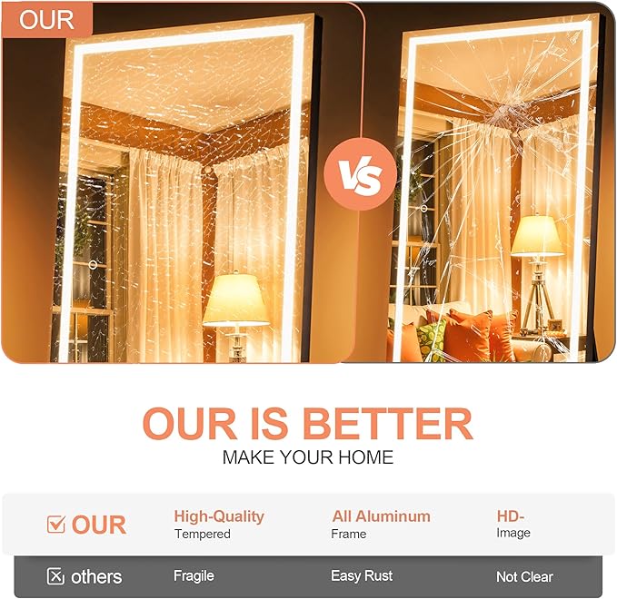 Full Length Mirror with Lights, 71" x 32" LED Lighted Floor Standing Body Mirror, Dimmable & 3 Color Lighting for Bedroom, Cloakroom, Dressing Room, Tempered Glass, Square Black