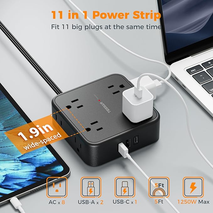TESSAN Surge Protector Power Strip Black, 5 Ft Flat Plug Extension Cord with 3 USB (1 USB C) 8 Outlets, 900J Surge Protection, 3 Sided Outlet Extender with Power Switch for Office, Dorm Room