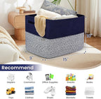 Shelf Woven Storage Basket, 15 x 10 x 9” Closet Rope Baskets For Organizing, Square Bins with Handles, Grey+Blue