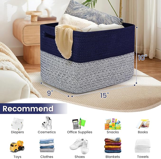 Shelf Woven Storage Basket, 15 x 10 x 9” Closet Rope Baskets For Organizing, Square Bins with Handles, Grey+Blue