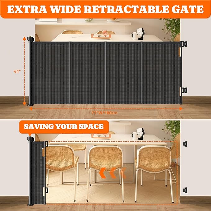 Pawtners Retractable Baby Gates Extra Wide, 41" Tall Extends up to 71" Wide, Dog Gate Indoor for Stairs, Pet Gate with Support Rods for Doorways Hallways Indoor & Outdoor-Black