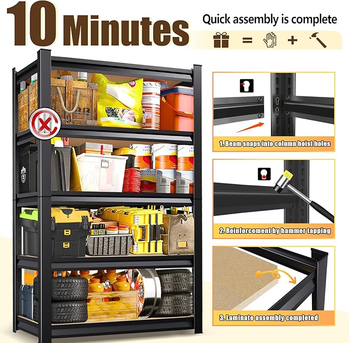 46" W Garage Shelving Heavy Duty Storage Shelves Adjustable Garage Shelves 5 Tier Metal Shelving Unit Utility Rack Shelf for Storage Warehouse Pantry (1, 72''H x 45.7''W×20''D)