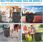 Boczif Large Laundry Basket Hamper Bag, Reusable Grocery Bag Collapsible Cart with Wheels and Handle, Rolling Tote Shopping Bags Storage Organizer for Clothes & Groceries, Trip, Sports, Picnic (Black)