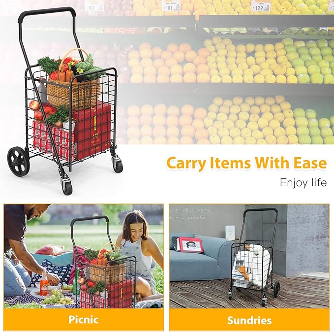 Grocery Shopping Cart with 360° Rolling Swivel Wheels Utility Cart Easily Collapsible Cart 66lb Extended Foam Cover, Trolley for Laundry,Groceries,Travel Black (Medium)