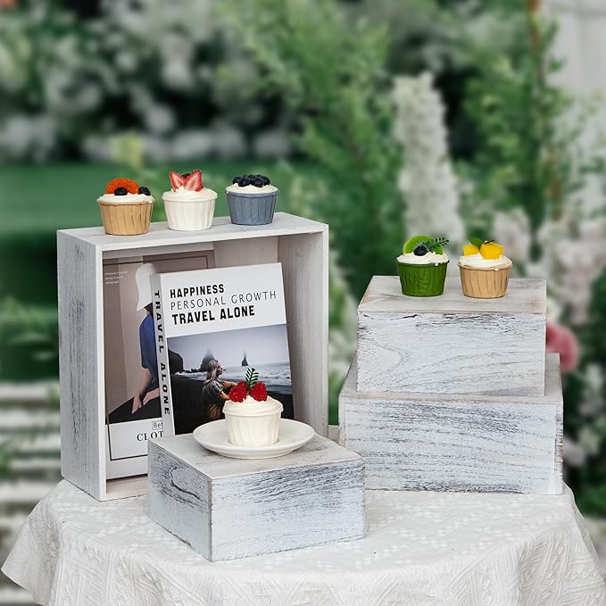 4 Pieces Wooden Cake Stands,Antique White Cupcake Stands for Display,12 inches Square Wooden crates,Wood Display risers for Wedding,Birthday Party,Christmas,etc. (Antique White)