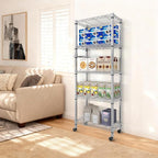 5-Tier Metal Storage Shelving Unit with Wheels, Adjustable Wire Shelf Rack with Side Handle, Stable Metal Shelves Organizer for Pantry, Kitchen and Closet,11.8" W x 23.6" D x 61" H