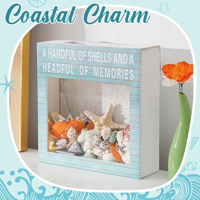 Juexica Seashell Holder with Light Display Box Room Decor Ocean Themed Gifts for Christmas Display Case Sea shells Beach Coastal Decor Acrylic Wall Hanging (Retro Blue,Shells)