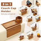 Couch Cup Holder Tray, 15.75" Acacia Wood Couch Armrest Table, 3 in 1 Foldable Sofa Clip on Side Table with 360° Phone Stand, Armrest Tray for Coffee Snacks