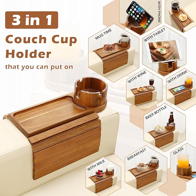 Couch Cup Holder Tray, 15.75" Acacia Wood Couch Armrest Table, 3 in 1 Foldable Sofa Clip on Side Table with 360° Phone Stand, Armrest Tray for Coffee Snacks
