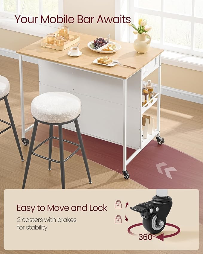 VASAGLE Kitchen Rolling Island, Mobile Kitchen Cart with Storage on Wheels, 27.6 x 43.3 x 35.4 Inches, 2 Drawers, 2 Hooks, for Dining Room, Oak Beige and Matte White UKKI011Y01