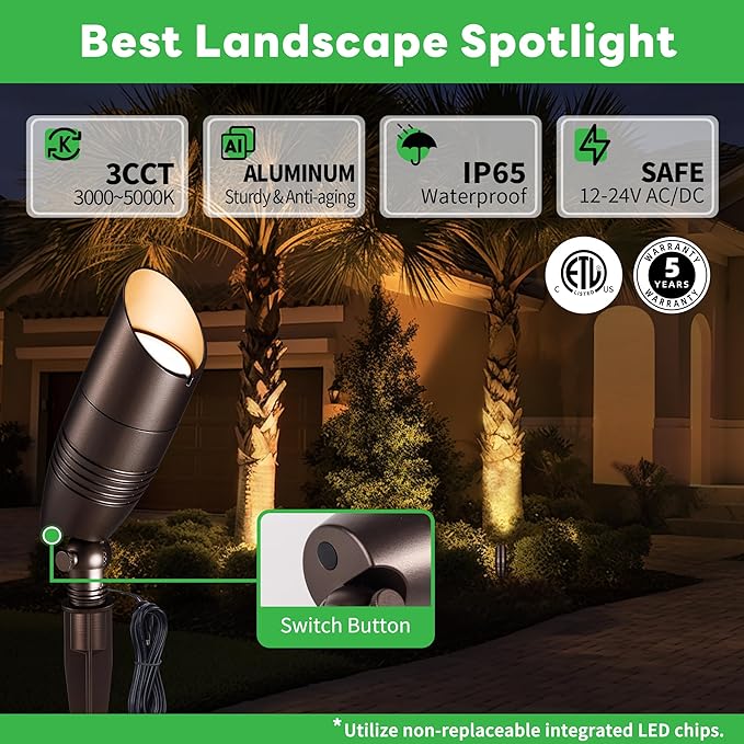 12v Landscape Lighting Kit, 12 Pack 3CCT Spotlights and 250FT Cable and 40 Wire Connectors, Aluminum ORB Ip65 Waterproof Tree Light, Perfect for Home Patio Plant, Without Transformer