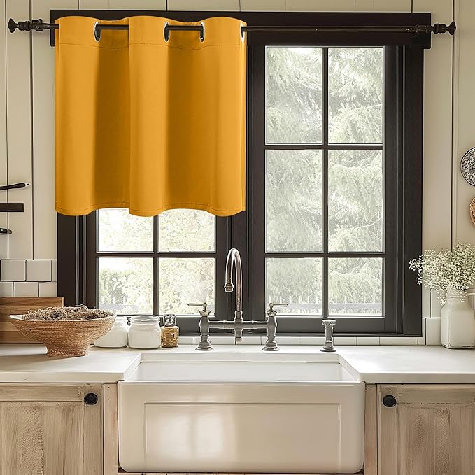 ChrisDowa Blackout Curtains 36 Inches Long for Living Room, Grommet Thermal Insulated Room Darkening Curtains for Bedroom (1 Panel Set, Mustard Yellow, 52W x 36L)