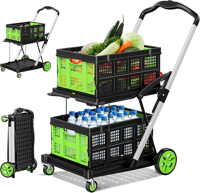 Collapsible Shopping Cart with Wheels, 8-in-1 200LBS Capacity Grocery Cart on Wheels with 2 Storage Crate, Folding Utility Cart for Shopping, Travel, Supermarket, Office, Green