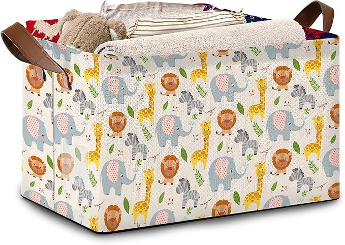 Cute Animal Storage Basket Large 17x11.5x10.5 Inche-Collapsible Fabric Organizer Bin with Handles for Nursery, Kids Room, Toys-Foldable Decorative Hamper with Adorable Animal Print-Single Pack
