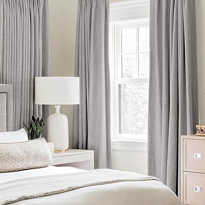 MIULEE Linen Texture Curtains for Bedroom Solid 100% Blackout Thermal Insulated Greyish White Curtains Grommet Room Darkening Drapes for Living Room Nursery 52x84 Inch (2 Panels)