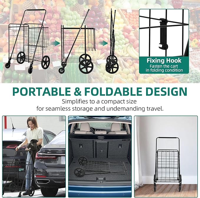 YITAHOME Folding Shopping Cart with Wheels, Rolling Foldable Grocery Cart with Versatile Rear Basket, Portable Collapsible Utility Cart for Shopping Groceries Laundry Storage Organizer