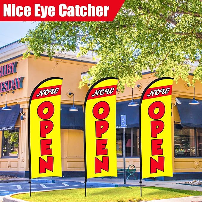 Buryeah 3 Sets Now Open Feather Flag Pole Kit for Business Advertising 7 ft Open Flag Banner Sign with Pole Kit Ground Stake and Portable Bag for Outside Ground(Yellow)