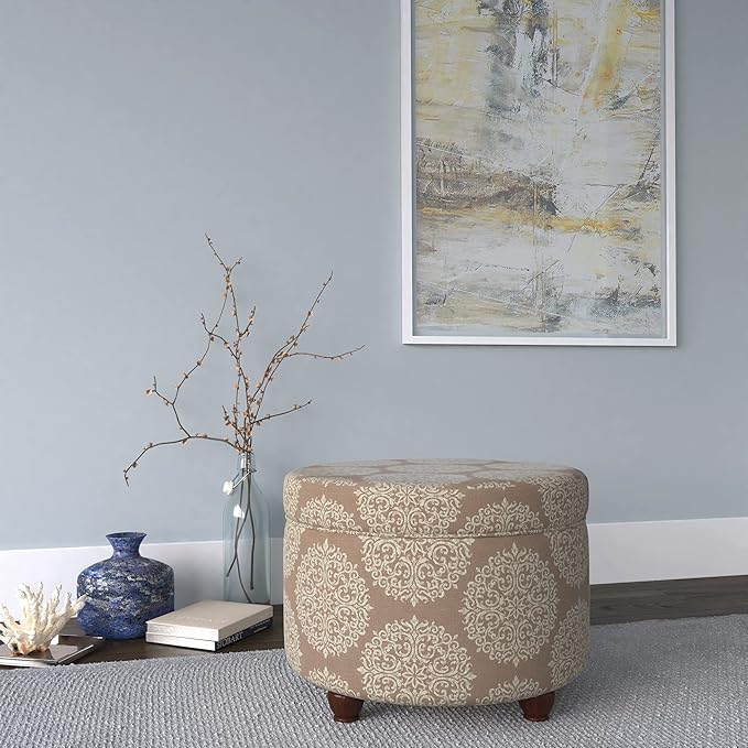 Homepop Home Decor | Upholstered Round Storage Ottoman | Ottoman with Storage for Living Room & Bedroom, Brown Medallion