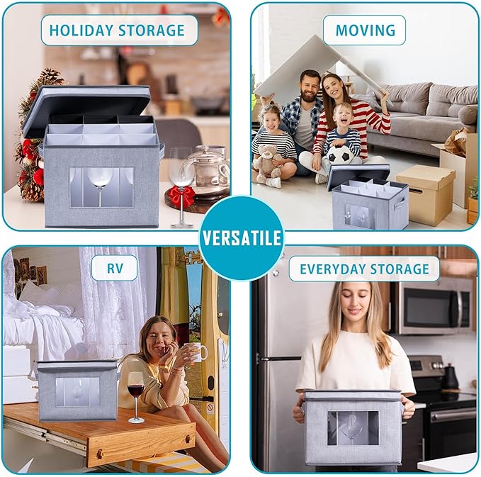 VENO 1 Pack Wine Glass Storage Box, Stemware Storage Case Hard Shell, Christmas Holiday Ornaments China Containers with Dividers & Handles, for Moving Crystal Glassware Champagne Flute (for 9 Glasses)