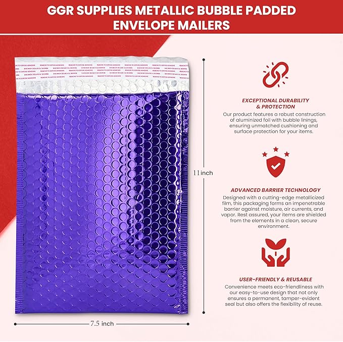 GGR Supplies Metallic Bubble Padded Envelope Mailers, 7.5 X 11 Inches, Waterproof Ultra Resistant Ideal For Packing, Shipping, and Storing. Pack of 25 (Green)