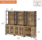 WAMPAT 3 PCS Modern 72" Tall Bookcases with Glass Doors and Adjustable Shelves, Library Book Shelf with Storage Cabinet and Open Book Shelfs, Wood Bookshelves for Home Office, Living Room, Oak