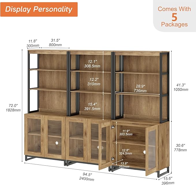 WAMPAT 3 PCS Modern 72" Tall Bookcases with Glass Doors and Adjustable Shelves, Library Book Shelf with Storage Cabinet and Open Book Shelfs, Wood Bookshelves for Home Office, Living Room, Oak