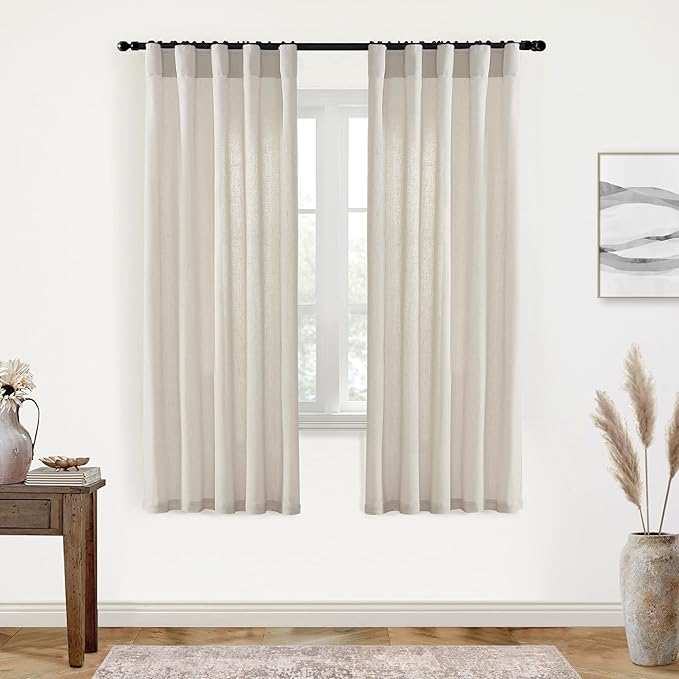 XTMYI Oatmeal Beige Back Tab/Hook Belt Linen Cotton Sheer Curtains 72 Inch Length for Bedroom 2 Panels Set
