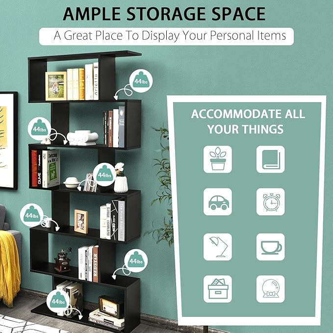 Tangkula 6 Tier S Shaped Bookshelf, 31.5''L x 9''W x 75''H, Wooden Bookcase and Bookshelves w/Anti-Toppling Device, Room Divider Display Shelves for Living Room, Home Decor, 6 Shelf Bookshelf