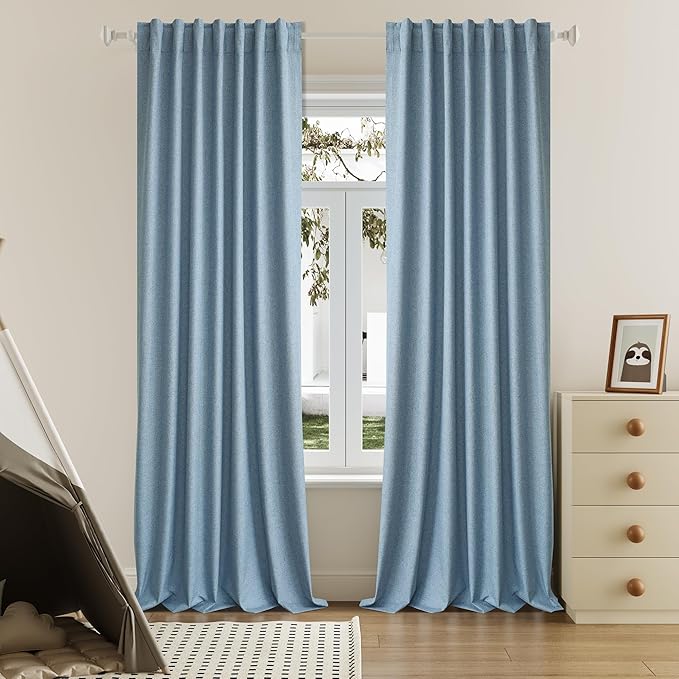 120 Inch Extra Long Linen Slate Blue Curtains Floor to Ceiling for Sliding Glass Doors 2 Panels, Flax Linen 100% Blackout Elegant Boho Thermal Curtains for Large Windows 10 FT Drapes,50 x 120 Inch