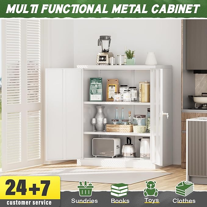 Greenvelly Metal Storage Cabinet with Doors and Shelves,Lockable Storage Cabinet for Office,36”White Metal Utility Cabinet Garage Cabinets, Lockable File Cabinet for Home Office, Garage, Kitchen, Shop