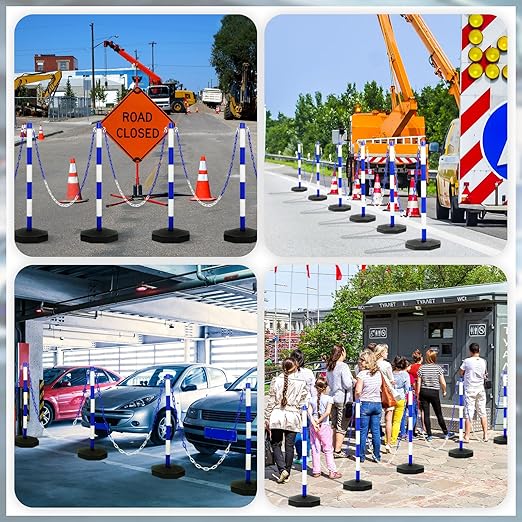 Amylove 9 Packs Traffic Delineator Post Cone with Base, Traffic Cones Safety Cones Caution Cones Plastic Stanchion Chain Safety Barriers with 6.6 Feet Link Chain and S Hooks for Parking Lot (Blue)