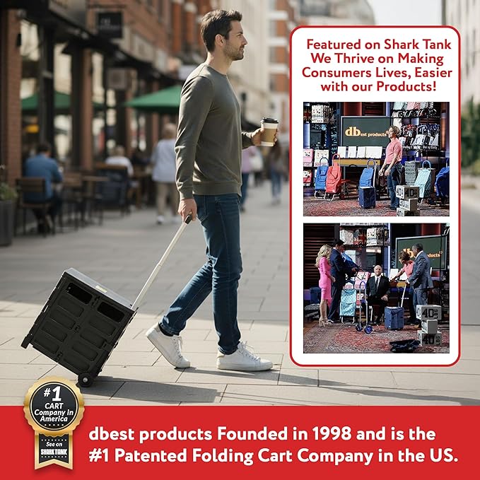 dbest products Quik Cart Pro Wheeled Rolling Crate Teacher Utility with seat Heavy Duty Collapsible Basket with Handle, Black
