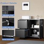 Mobile Lateral File Cabinet,2 Drawer Filing Cabinet with Lock fits A4/F4 or Letter Size for Home Office,Metal Rolling Printer Stand with Open Storage Adjustable Shelves(Black)