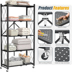 5-Tier Folding Metal Storage Shelf with Wheels, Heavy Duty Organizer Rack Holds 750 lbs, No Assembly Utility Shelving for Kitchen, Garage, Pantry, Living Room, Office (New Upgrade - Black, 5 Tier)