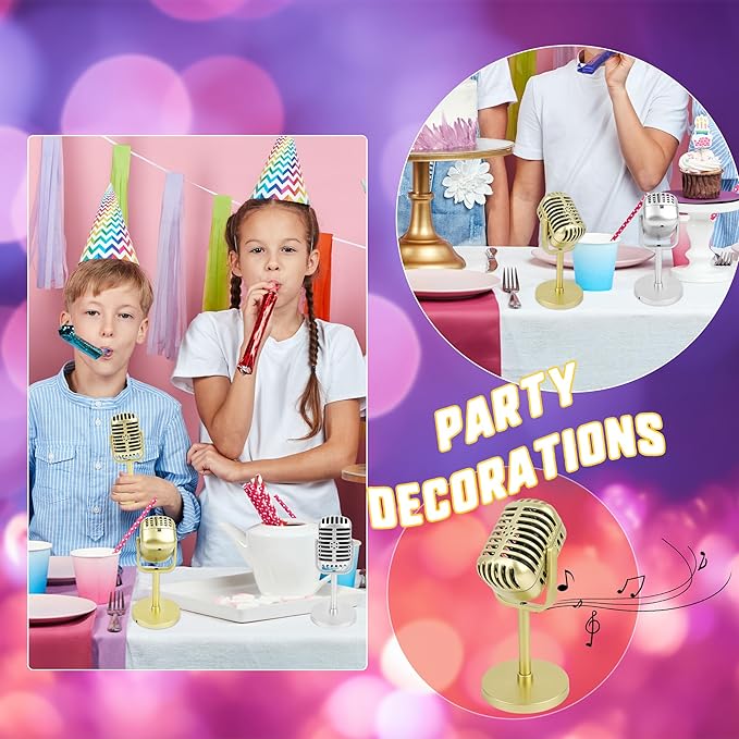 10 Pack Retro Microphone Props Fake Microphone Model with Stand Classic Vintage Plastic Antique Mic Table Decor for Halloween Party Decoration Rock Hip Hop Music Prop Pretend Play (Golden and Silver)