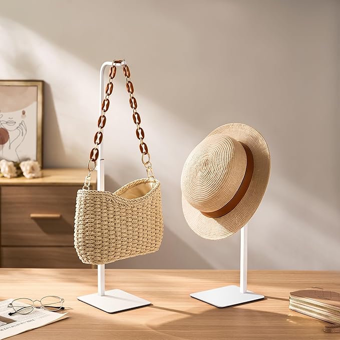 Purse Holder Handbag Display Stand: Hanger Rack Showing Bags, Purses, and Wreath, Adjustable Hook Stand for Tabletop, Closet, Desk, and Retail Use for Vendors, White