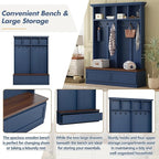 Merax Wood Hall Tree with 6 Hooks & Entryway Bench, Farmhouse Mudroom Versatile Coat Racks with 2 Large Drawers, Entrance Organizer for Hallway, Blue