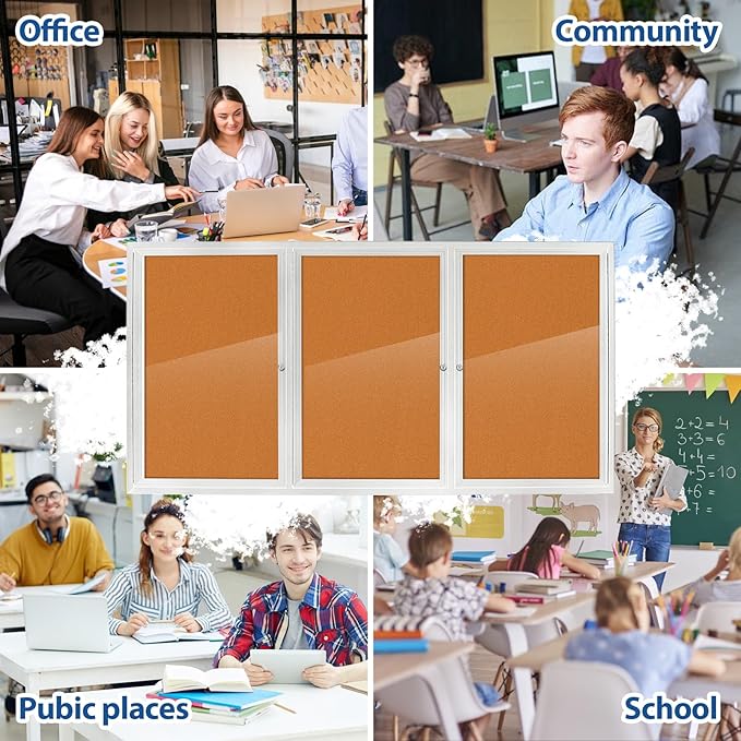 Enclosed Outdoor Bulletin Board Weatherproof 3 Doors Noticeboard with Locking Door, 70x36 Inch Wall-Mounted Message Board for Announcements & Notices