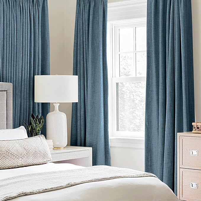 MIULEE Linen Texture Curtains for Bedroom Solid 100% Blackout Thermal Insulated Dusty Blue Curtains Grommet Room Darkening Drapes Luxury Decor for Living Room Nursery 52x63 Inch (2 Panels)