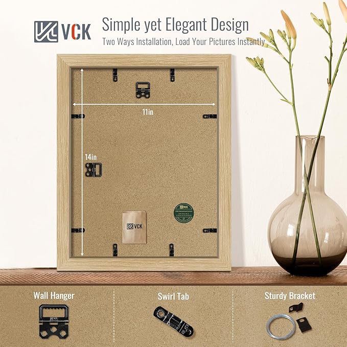 VCK 11x14 Picture Frame 5 Pack - Natural Oak, High-End Wood Poster Frames with Tempered Glass, Display 8x10 Photo with Mat or 11x14 without Mat, Art Gallery-Quality, Wall Hanging, Natural Oak