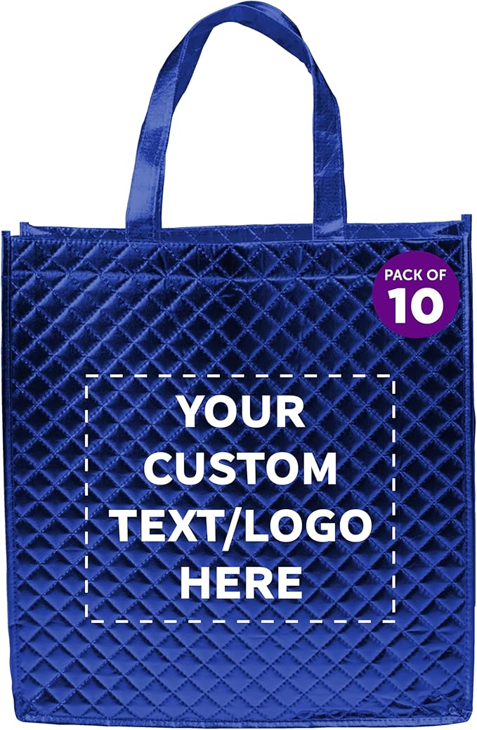 DISCOUNT PROMOS Custom Luxurious Laminated Tote Bags Set of 10, Personalized Bulk Pack - Reusable, Great for Shopping, Beach, Wedding Favors - Royal Blue