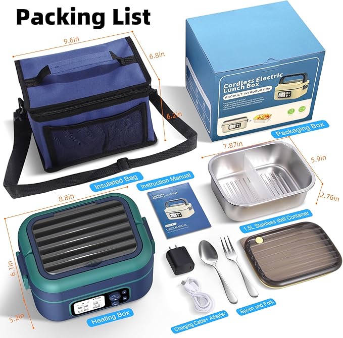 Dravel Cordless Heated Lunch Box for Men, 6.3 Cup 100W Electric Lunch Box Food Warmer with 24000mAh Battery for Self Heating, Including Cutlery, Insulated Bag and Divider for Women Adults(Blue+Green)