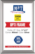 M&T Displays Opti Snap Poster Frame 11x17 Inch Silver 1" Aluminum Profile Front Loading Wall Mounting Photo Picture Document Certificate Sign Holder Mitered Corner Anti Glare Cover (1000 pack)